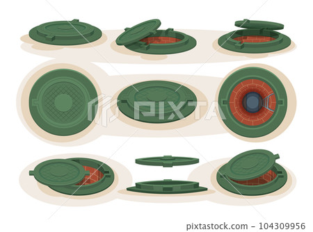 Sewer manhole. Sewage system protection for city round steel forms exact vector pictures set 104309956