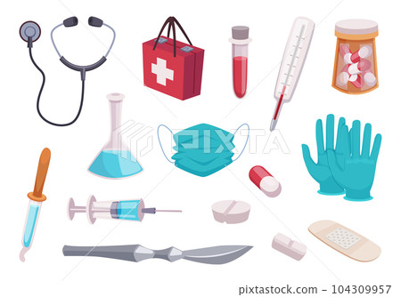 Medical equipment. Pills medical treatment exact vector collection of pharmaceutical icons Medical equipment. Pills medical treatment exact vector collection of pharmaceutical icons 104309957
