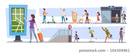 People bus station. Urban daily activities walking running sitting passengers going to train or bus exact vector templates People bus station. Urban daily activities walking running sitting passengers going to train or bus exact vector templates 104309961