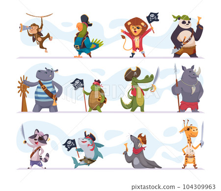 Animal pirate. Sailors cartoon animals with weapons in action poses exact vector pictures collection 104309963