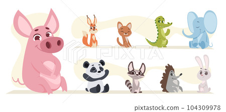 Baby animals. Different wild animals kids in action poses exact vector cute cartoon pictures set 104309978