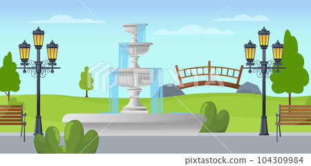 Urban park landscape with fountain trees... - Stock Illustration ...
