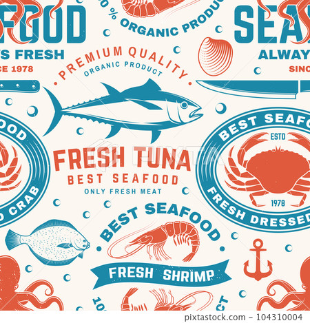 Set of seafood seamless pattern. Fresh tuna, octopus, trout, shrimp, dressed crab, mussels and clams. Vector. For background or wallpaper with tuna, trout, shrimp, octopus, crab, mussels and clams 104310004