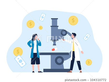 Commercial pharmacy research. Pharmacology, scientist and microscope. Researching on new pills, biochemistry or medical laboratory vector concept 104310772