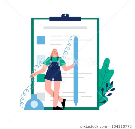 Business office manager with pen and clipboard. Document signature, task list or planning. Time management, student vector character 104310773