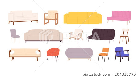 Chairs and sofas, couch comfortable soft. Isolated office or home furniture, armchair and sofa. Living and bedroom racy decor vector elements 104310779