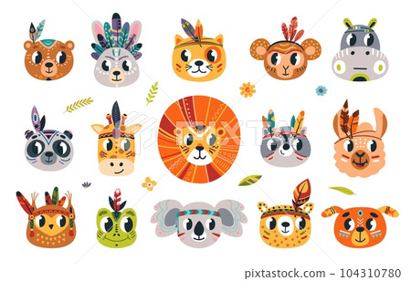Tribal animals faces, doodle animal avatars boho style. Raccoon, cat and koala, cute panda and dog. Isolated children classy stickers vector elements 104310780