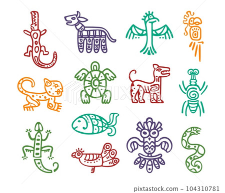 Maya aztec totem isolated elements. Signs idols of south america, eagle and fish. Tribal mexican abstract native icons. Classy vector decorations 104310781
