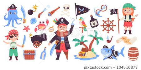 Childish pirate set. Cartoon cute kid pirates carnival costume, kid sailor captain character sea adventure island treasure chest parrot pirats bird, ingenious vector illustration 104310872