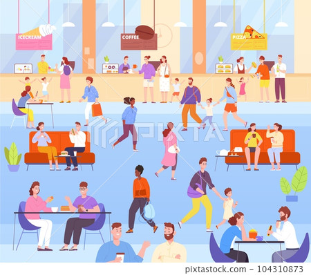 People food court. Retail restaurant counter mall cafe, client eating breakfast lunch meal inside cafeteria shopping store buffet dinner eat customer, splendid vector illustration 104310873