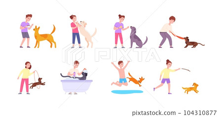 Kids playing with puppies. Cartoon children owner of cute dog, toddler boy and girl play ball feed walk or teach to licking pets kid animals puppy care splendid vector illustration Kids playing with puppies. Cartoon children owner of cute dog, toddler boy and girl play ball feed walk or teach to licking pets kid animals puppy care splendid vector illustration 104310877