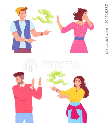 Bad breathing. Smelly breath man and woman, male female halitosis disgusted smell from mouth after food or cigarettes, stink bacteria disease hygiene ill teeth vector illustration Bad breathing. Smelly breath man and woman, male female halitosis disgusted smell from mouth after food or cigarettes, stink bacteria disease hygiene ill teeth vector illustration 104310887
