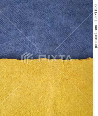 paper abstract in colors of Ukrainian national flag - blue and yellow, set of textured, handmade, bark paper sheets 104311028