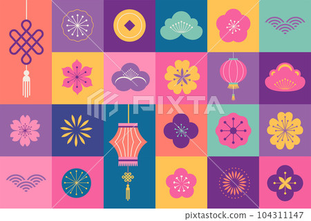 Mid Autumn Festival. Chuseok, Chinese New Year. Mooncakes, flowers and lanterns, background and Mid Autumn Festival. Chuseok, Chinese New Year. Mooncakes, flowers and lanterns, background and 104311147