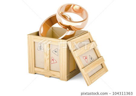 Golden wedding rings inside wooden box, delivery concept. 3D rendering 104311363