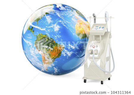 Professional Laser Tattoo Removal Machine with Earth Globe. 3D rendering 104311364