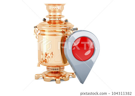 Brass Samovar with map pointer. 3D rendering 104311382