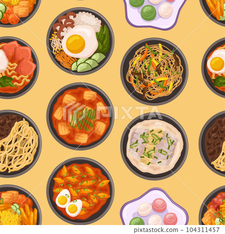 Vibrant Seamless Pattern Showcasing Various Delectable Korean Dishes, Bursting With Flavors And Colors, Illustration 104311457