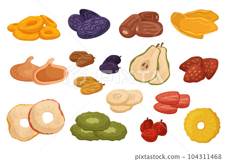 Set Of Dried Fruits And Berries. Raisins, Apricots, And Figs, Strawberry, Pineapple Or Mango Apple, Prunes, Strawberry Set Of Dried Fruits And Berries. Raisins, Apricots, And Figs, Strawberry, Pineapple Or Mango Apple, Prunes, Strawberry 104311468