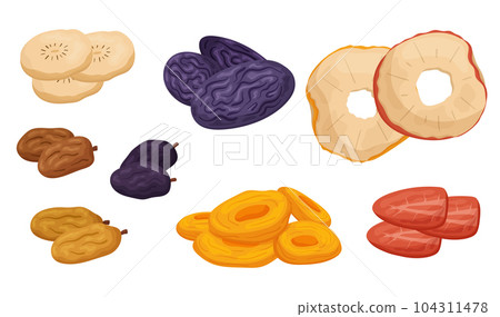 Set Of Dried, Candied Fruits And Berries. Apple, Banana, Prunes, Raisins, Strawberry And Apricot Dehydrated Desserts 104311478