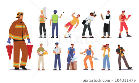Set of Character Professions. Firefighter, Architect, Road Inspector, Football Player, Photographer and Waiter 104311479