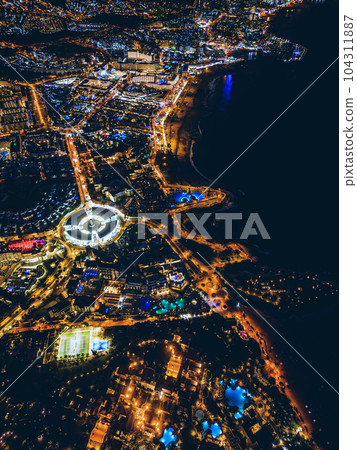 illuminated night city light view, ocean shore, Tenerife, Canary island aerial 104311887