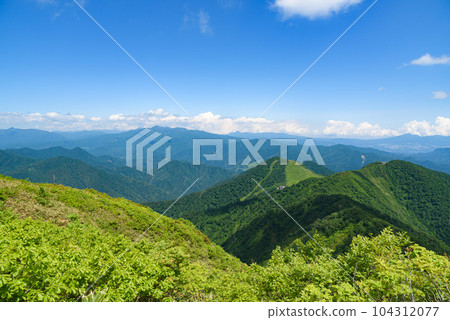 A superb view of the mountains seen from Tanigawadake and Tenjin Ridge in early summer 104312077