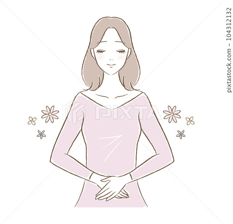 一個女人輕輕觸摸她的胃的插圖剪輯（懷孕、腸道活動、溫暖活動、緩解便秘） 104312132