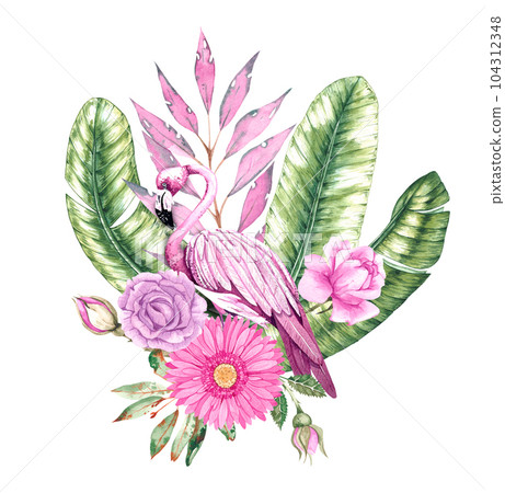 Tropical composition with flamingos, banana leaves, pink flowers Tropical composition with flamingos, banana leaves, pink flowers 104312348