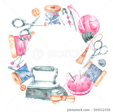 Sewing round frame Frame with watercolor elements isolated on white 104312350