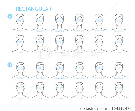 Set of Rectangular frame glasses fashion accessory illustration. Sunglass front view for Men, women, unisex silhouette Set of Rectangular frame glasses fashion accessory illustration. Sunglass front view for Men, women, unisex silhouette 104312472