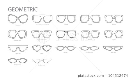 Set of Geometric frame glasses fashion accessory illustration. Sunglass front view for Men, women, unisex silhouette Set of Geometric frame glasses fashion accessory illustration. Sunglass front view for Men, women, unisex silhouette 104312474