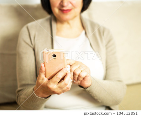 Happy relaxed middle aged woman sitting on comfortable sofa at home and using a mobile phone. 104312851