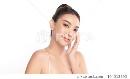 Beautiful young asian woman with clean fresh skin on white background, Face care, Facial treatment, Cosmetology, beauty and spa, Asian women portrait. Beautiful young asian woman with clean fresh skin on white background, Face care, Facial treatment, Cosmetology, beauty and spa, Asian women portrait. 104312893