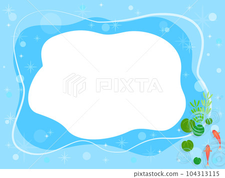 Frame background illustration with cute goldfish and aquatic plants swimming in glittering blue water Frame background illustration with cute goldfish and aquatic plants swimming in glittering blue water 104313115
