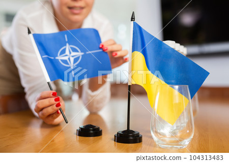 Unrecognizable girl sets midget flags of Ukraine and NATO before international negotiations 104313483