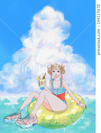 Girl drinking a drink on a float enjoying summer vacation 104315078