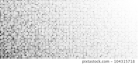 Halftone pixelated gradient background. Faded square particles texture. Dissolving grunge noise wallpaper. Black dots, speckles, pixels wallpaper. Gritty vector backdrop 104315718