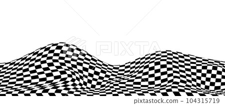 Wavy black and white checkered background. Curved warped chessboard floor pattern. Trippy undulate square texture surface. Landscape terrain concept. Vector optical illusion wallpaper. 104315719