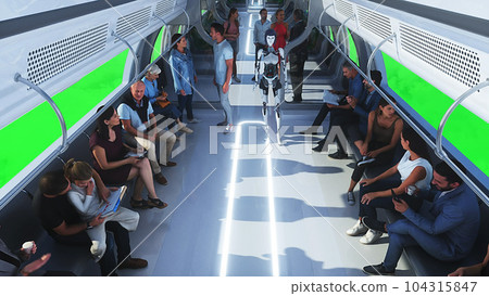 3d people and robots. Flying passenger train. Utopia. concept of the future.Green screen. 3d rendering. 104315847