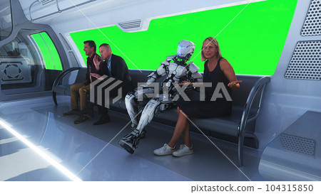 3d people and robots. Flying passenger train. Utopia. concept of the future.Green screen. 3d rendering. 104315850