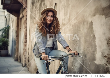 Full-length body size side profile photo of a cheerful girl riding bicycle on vibrant color background Full-length body size side profile photo of a cheerful girl riding bicycle on vibrant color background 104316820