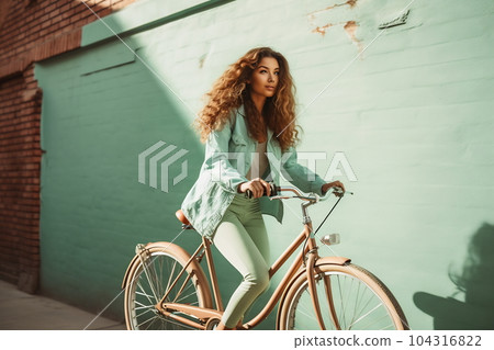 Full-length body size side profile photo of a cheerful girl riding bicycle on vibrant color background Full-length body size side profile photo of a cheerful girl riding bicycle on vibrant color background 104316822