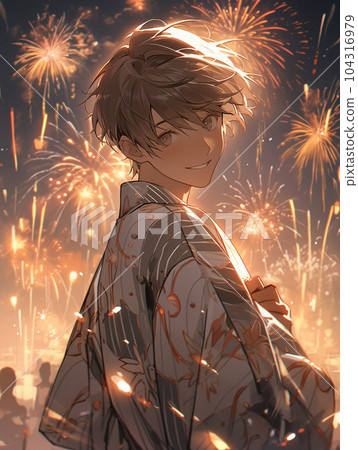在夏日祭典上。一個穿著浴衣的男人在煙花的背景下微笑 104316979