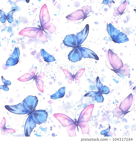 Cute butterflies hand drawn watercolor seamless pattern. Delicate blue and purple color butterflies with watercolor splash, watercolor illustration on white background. 104317284