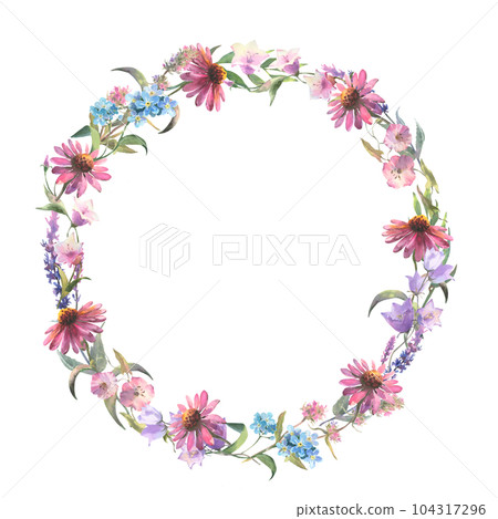 Floral wreath. Watercolor field flower round frame. Wildflowers isolated on white background. Meadow flowers circle border 104317296
