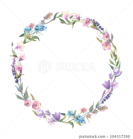 Floral wreath. Watercolor field flower round frame. Wildflowers isolated on white background. Meadow flowers circle border. 104317298