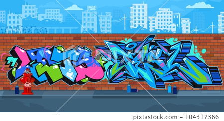 Abstract Colorful Outdoor Urban Streetart Graffiti Wall With Drawings Against The Background Of The Cityscape Vector Illustration 104317366
