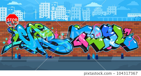Abstract Colorful Outdoor Urban Streetart Graffiti Wall With Drawings Against The Background Of The Cityscape Vector Illustration Abstract Colorful Outdoor Urban Streetart Graffiti Wall With Drawings Against The Background Of The Cityscape Vector Illustration 104317367