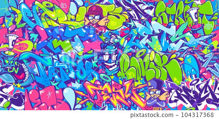 Seamless Colorful Modern Abstract Urban Style Hiphop Graffiti Street Art Pattern. Vector Illustration Background Template 104317368
